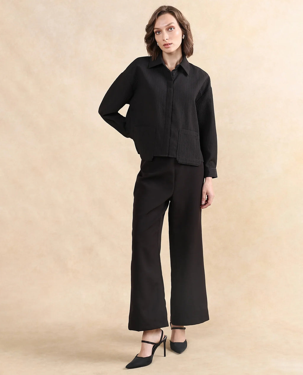 Rareism Women's Albury Black Polyester Drop Collar Plain Cuffed Sleeve Boxy Fit Jacket