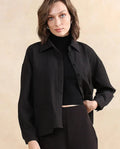 Rareism Women's Albury Black Polyester Drop Collar Plain Cuffed Sleeve Boxy Fit Jacket