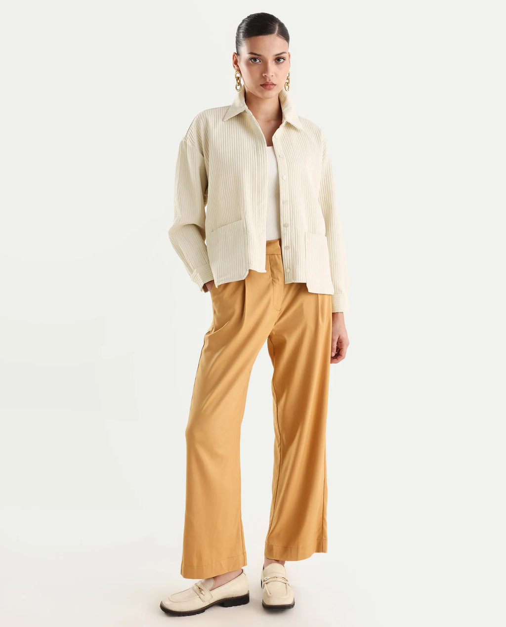 Rareism Women's Albury Off White Polyester Drop Collar Plain Cuffed Sleeve Boxy Fit Jacket