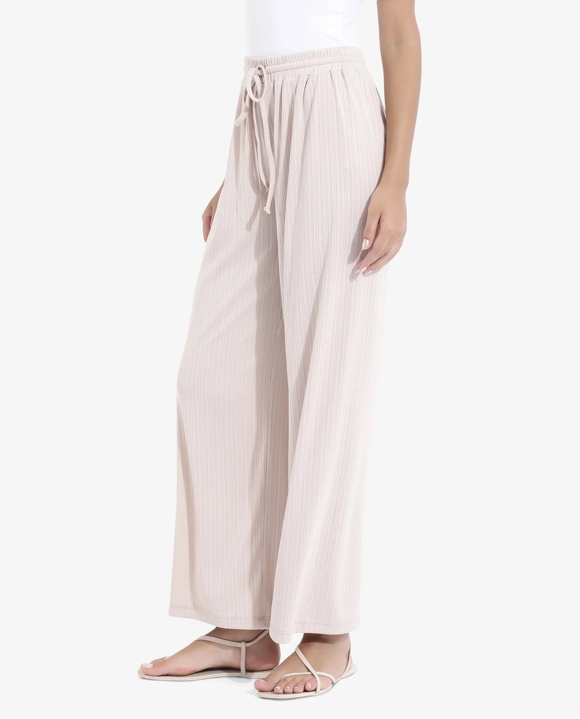 Rareism Women's Alcazar Beige Polyester Blend Plain Ankle Length Straight Fit Trouser