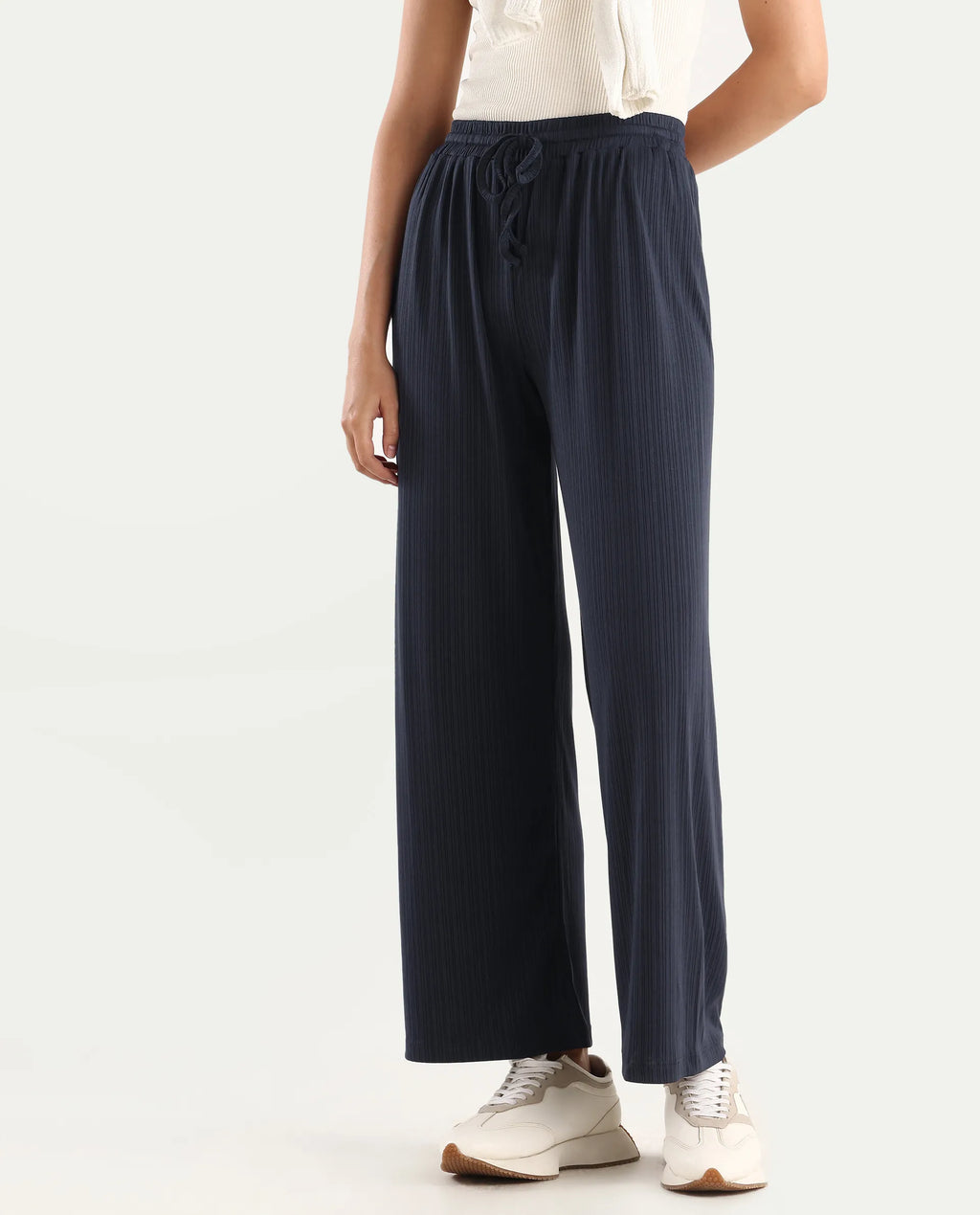 Rareism Women's Alcazar Dark Blue Polyester Blend Plain Ankle Length Straight Fit Trouser