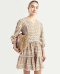 Rareism Women's Alexo Beige Nylon Blend V-Neck Geometric Print Puff Sleeves Mini Fit And Flare Dress