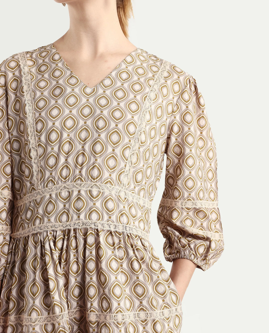 Rareism Women's Alexo Beige Nylon Blend V-Neck Geometric Print Puff Sleeves Mini Fit And Flare Dress