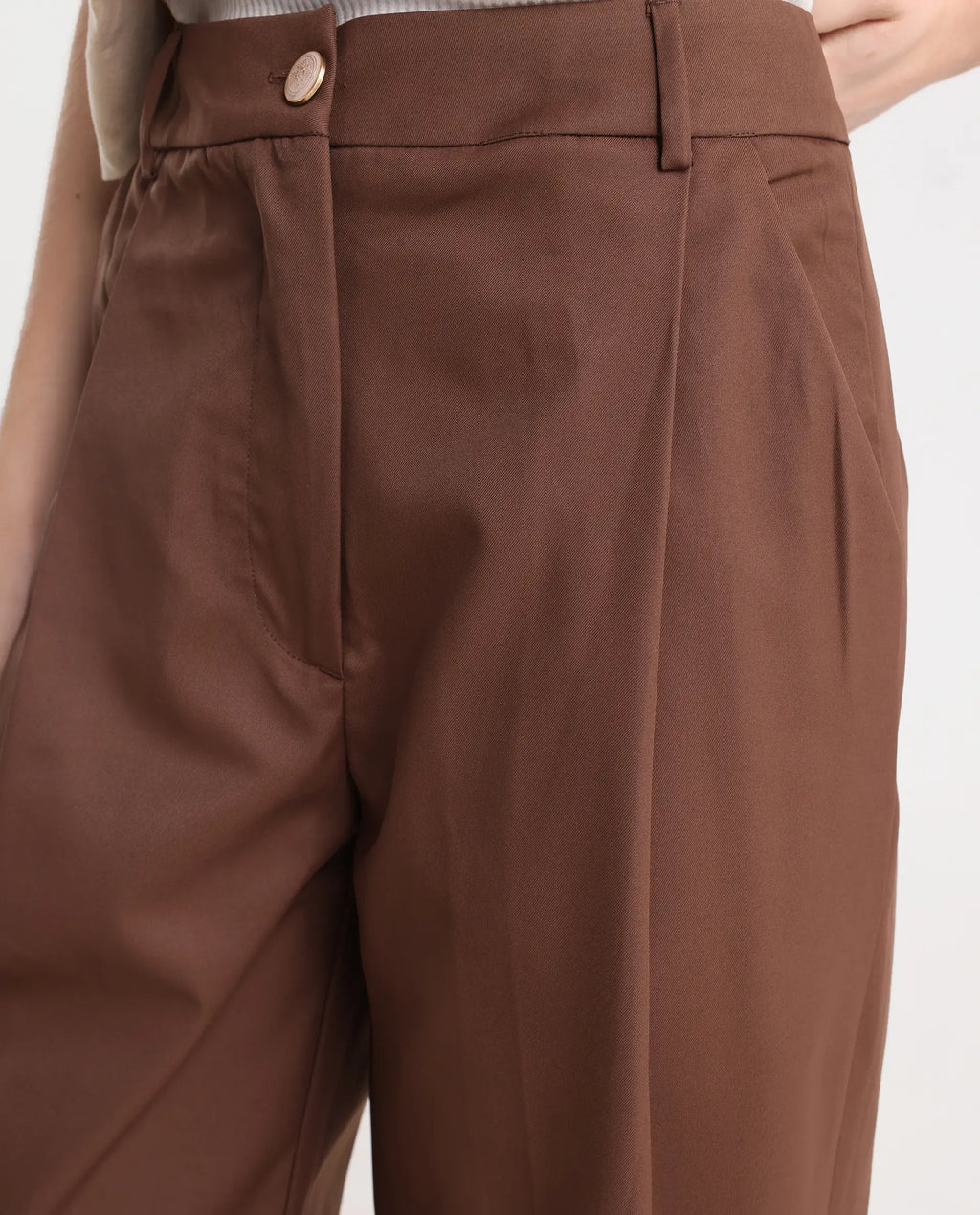 Rareism Women's Alina Brown Cotton Plain Ankle Length Flared Trouser