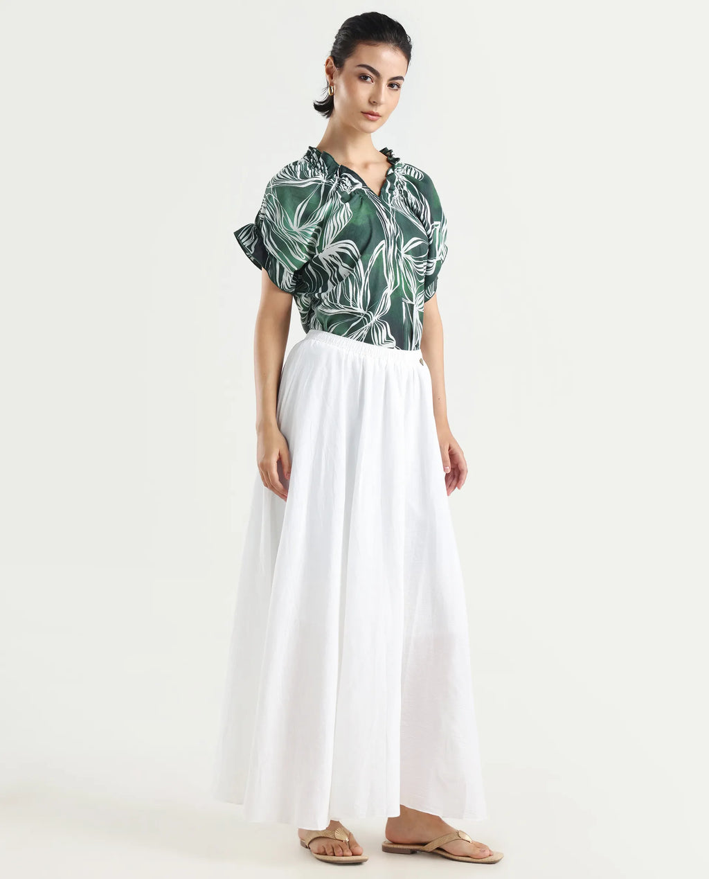 Rareism Women's Alina White Cotton Plain Ankle Length Flared Skirt