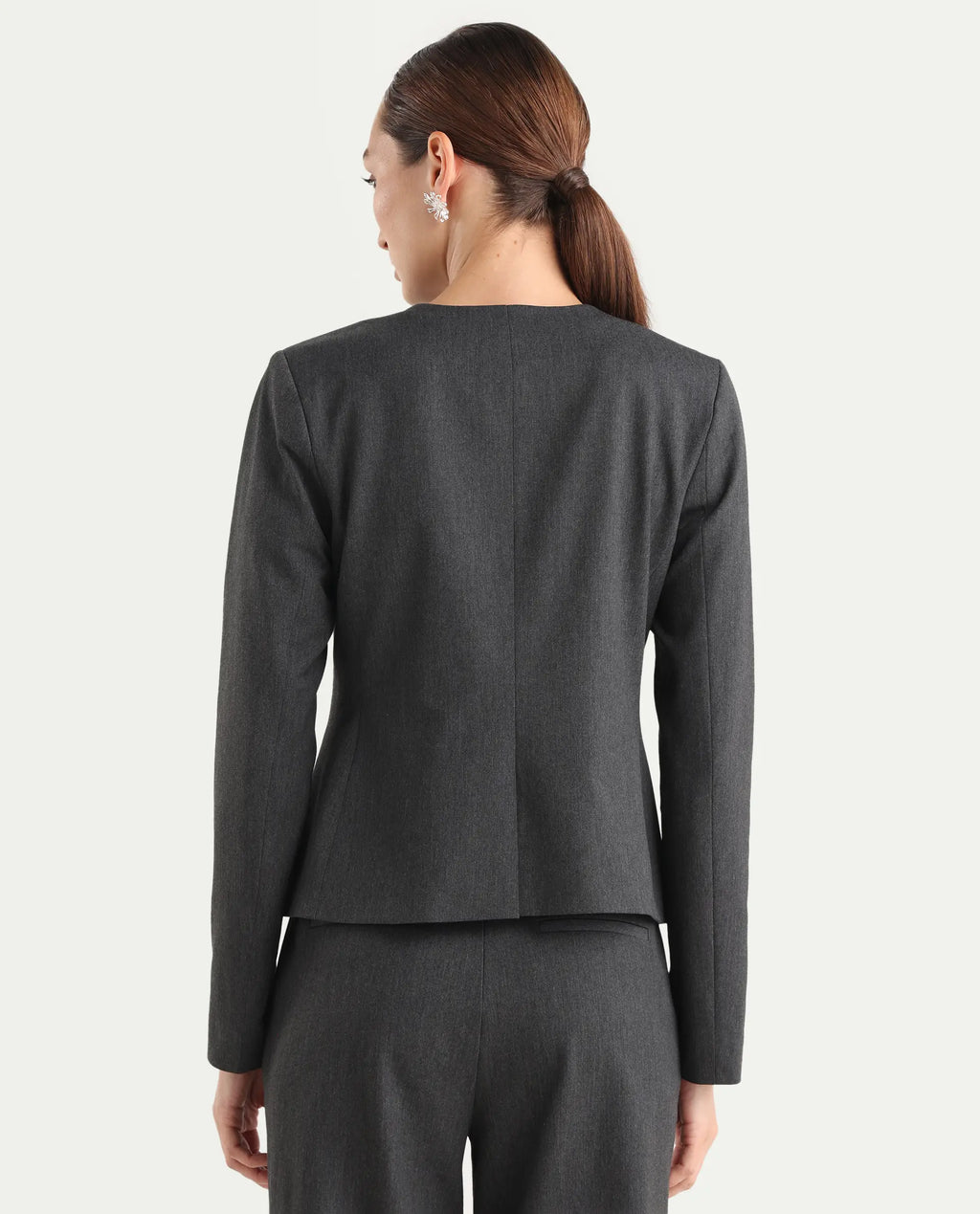 Rareism Women's Allenso Grey Polyester Blend Full Sleeve Plain Blazer