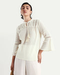 Rareism Women's Alonzo Light Beige Cotton Mandarin Collar Plain Regular Fit Top