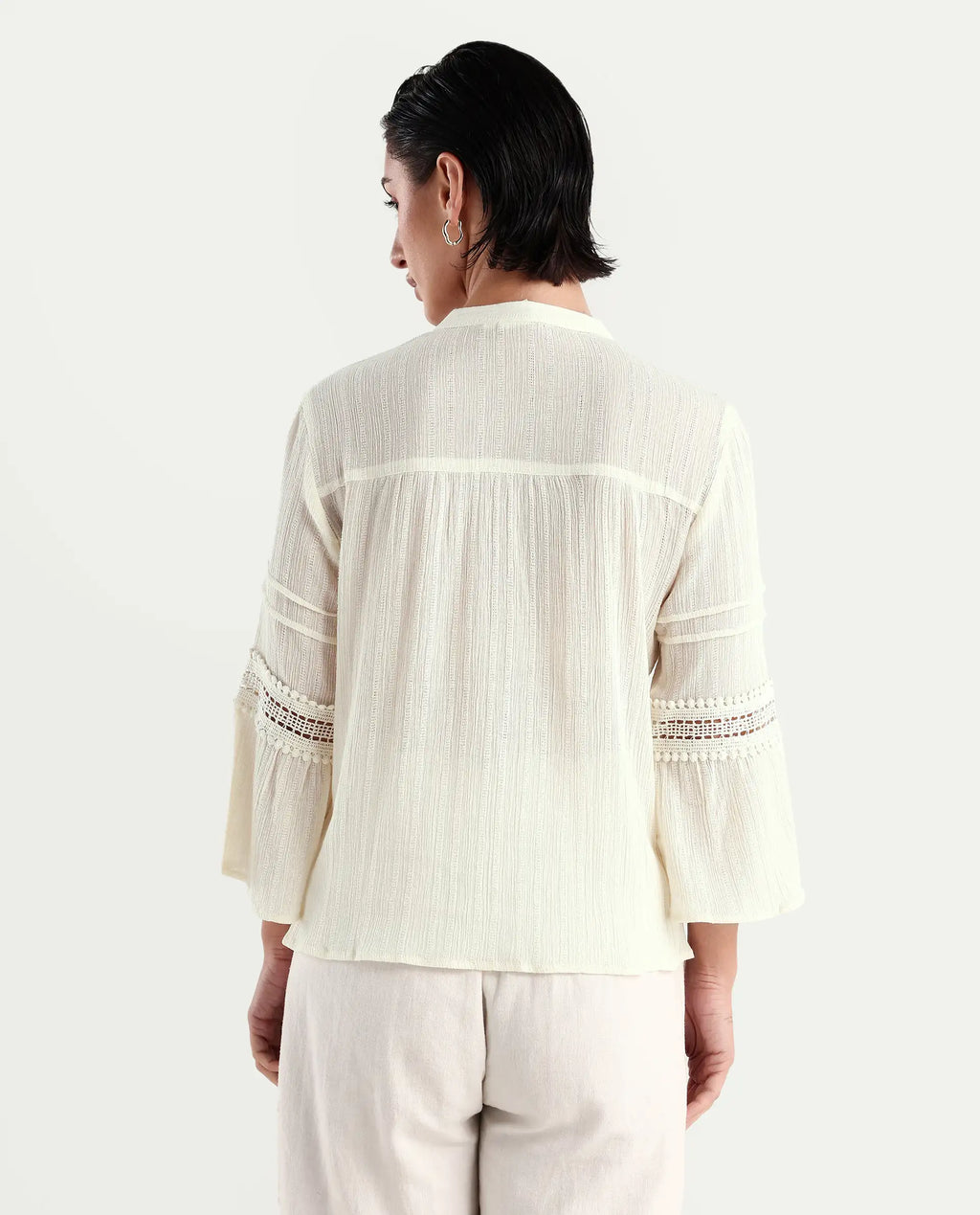 Rareism Women's Alonzo Light Beige Cotton Mandarin Collar Plain Regular Fit Top