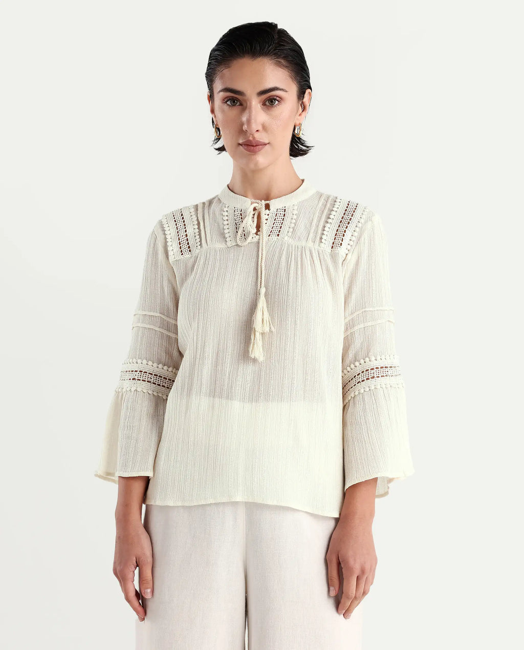 Rareism Women's Alonzo Light Beige Cotton Mandarin Collar Plain Regular Fit Top