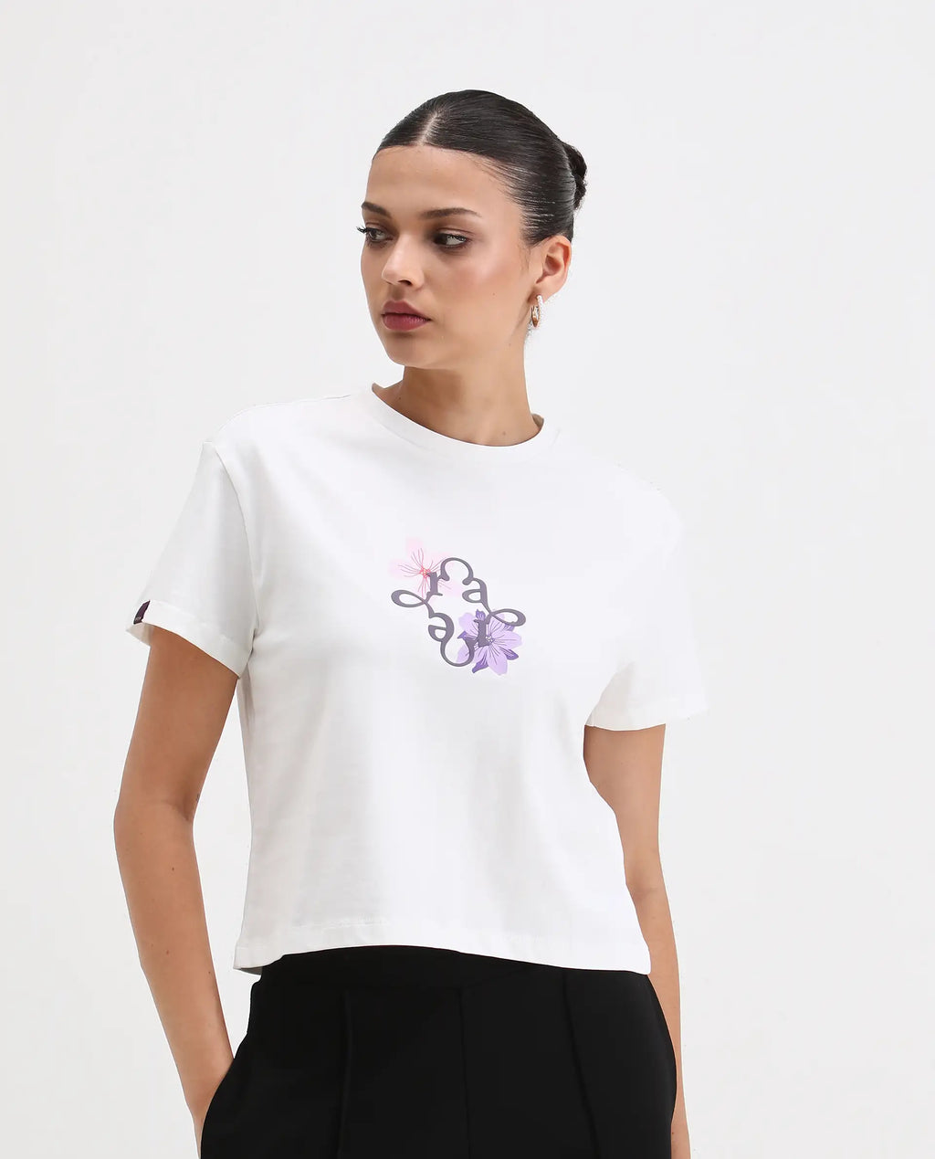Rareism Women's Alore Off White Cotton Blend Crew Neck Graphic Print Crop Regular Fit T-Shirt