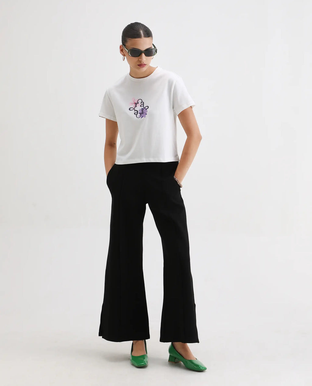 Rareism Women's Alore Off White Cotton Blend Crew Neck Graphic Print Crop Regular Fit T-Shirt