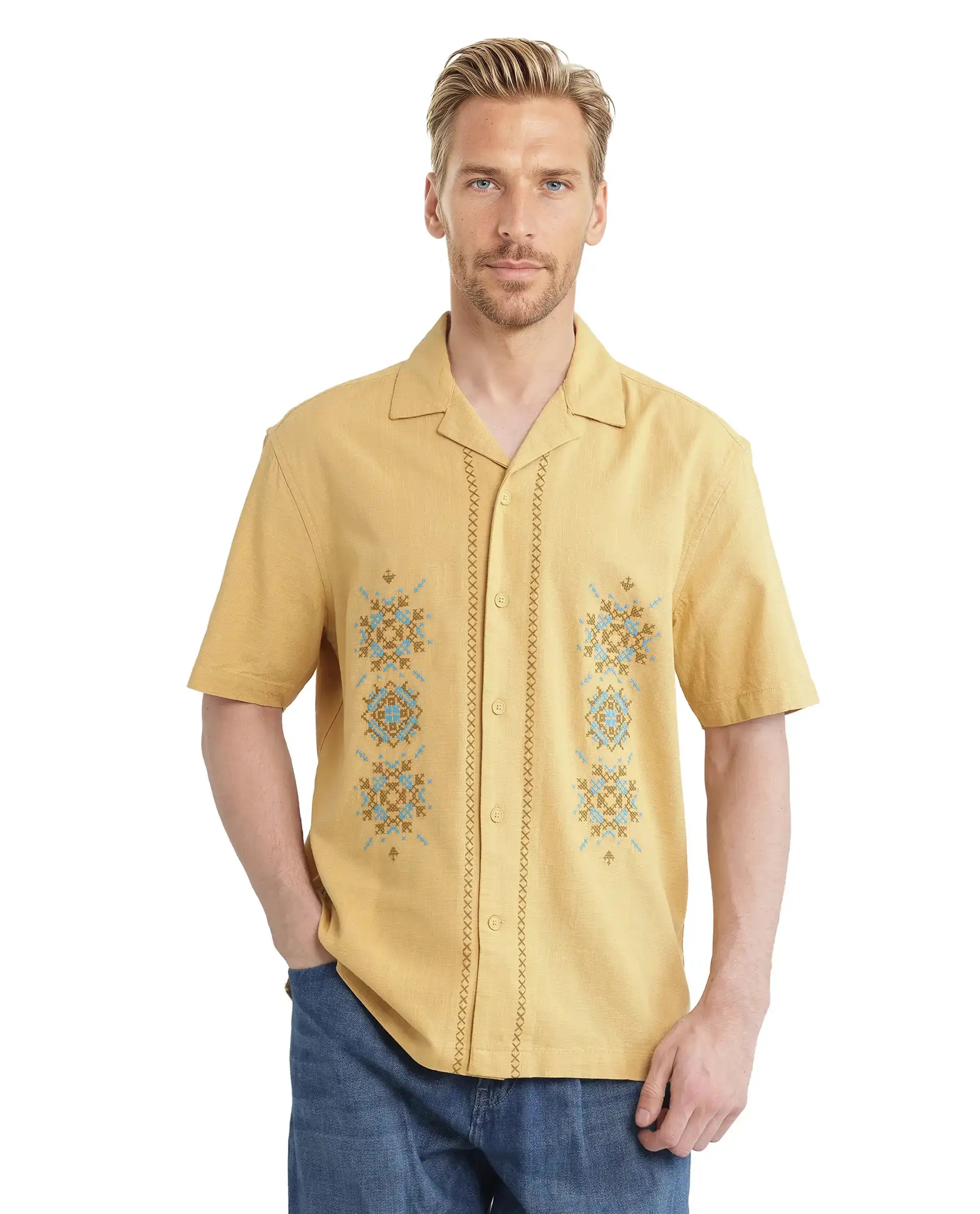 Rare Rabbit Men's Alxum Mustard Cotton Blend Embroidered Boxy Fit Half Sleeve Cuban Collar Shirt