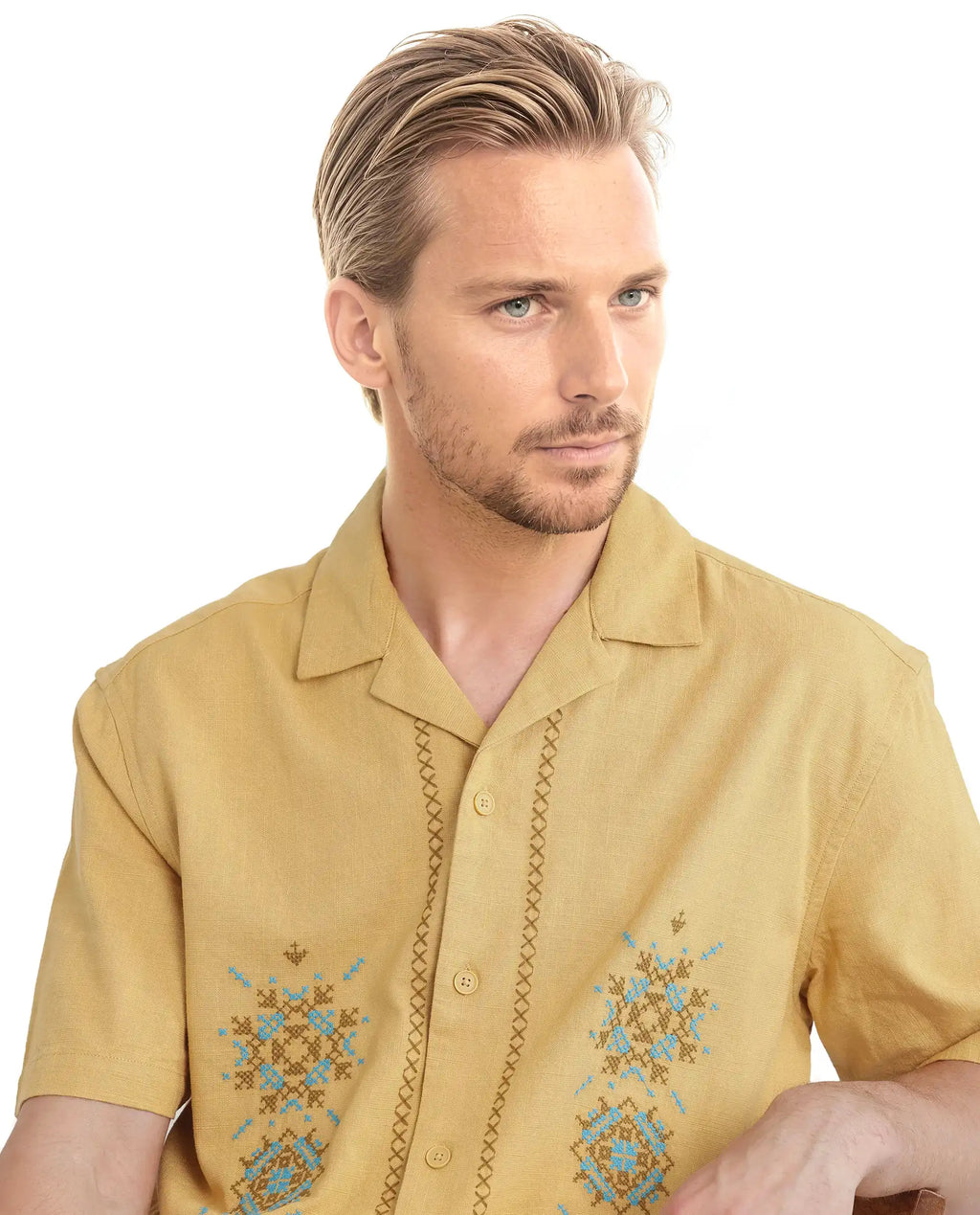 Rare Rabbit Men's Alxum Mustard Cotton Blend Embroidered Boxy Fit Half Sleeve Cuban Collar Shirt