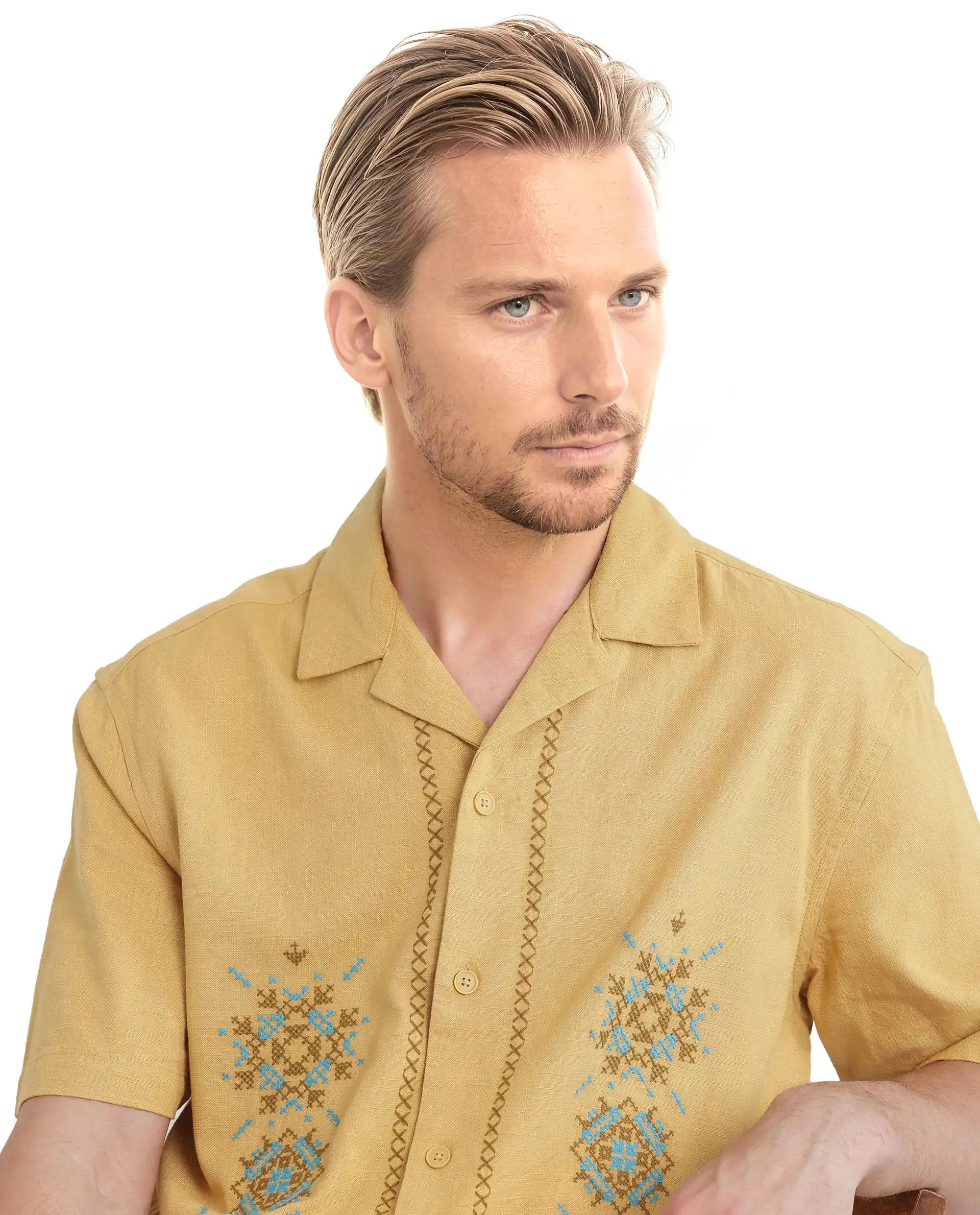 Rare Rabbit Men's Alxum Mustard Cotton Blend Embroidered Boxy Fit Half Sleeve Cuban Collar Shirt