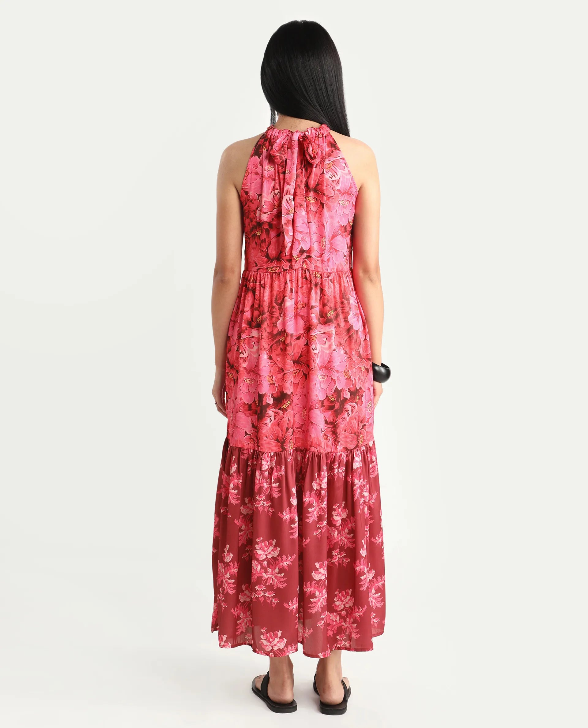 Rareism Women's Amilio Maroon Polyester Halter Neck Floral Print Sleeveless Maxi Regular Fit Dress
