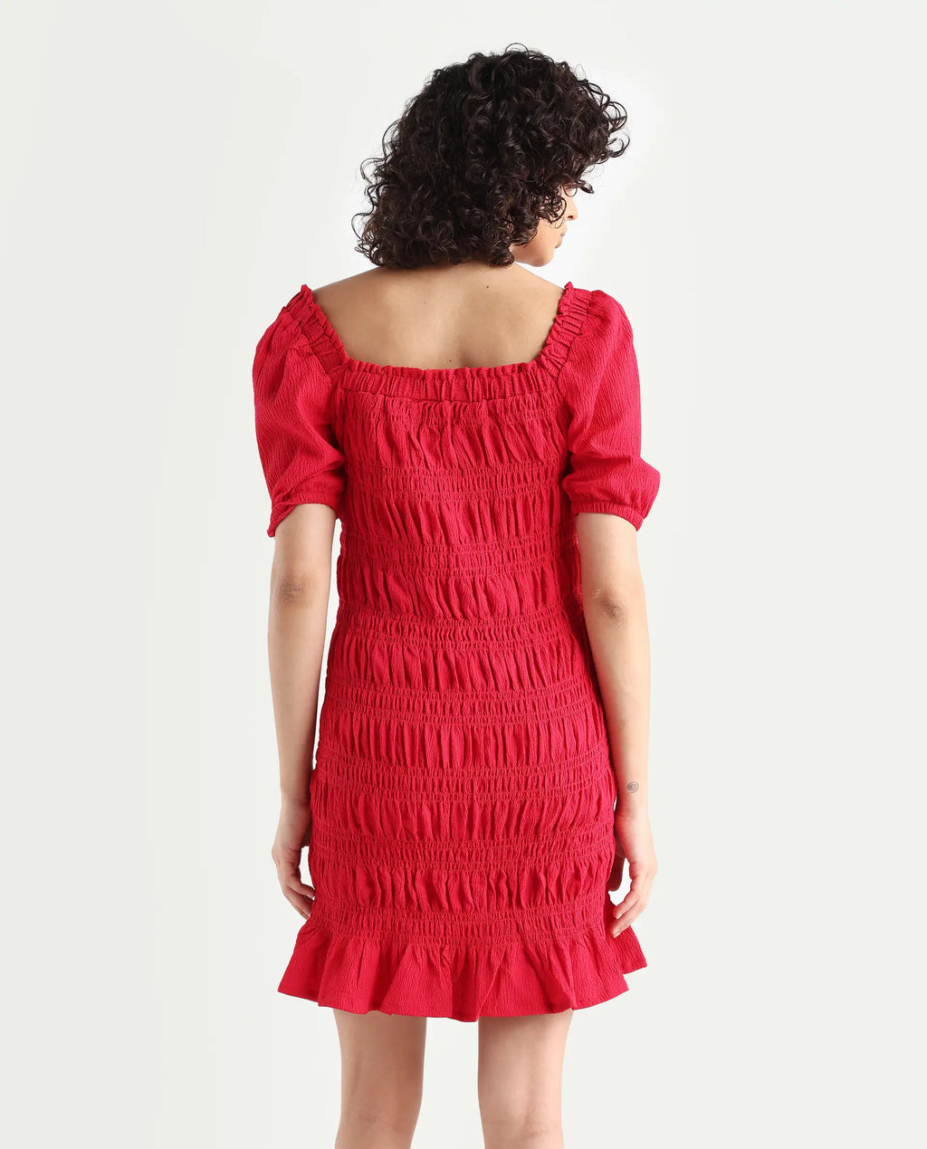 Rareism Women's Ammo Red Viscose Square Neck Plain Puff Sleeves Knee Length Regular Fit Dress
