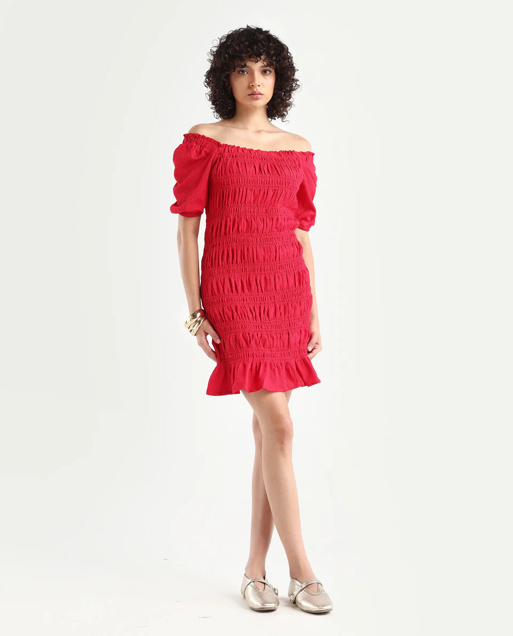 Rareism Women's Ammo Red Viscose Square Neck Plain Puff Sleeves Knee Length Regular Fit Dress