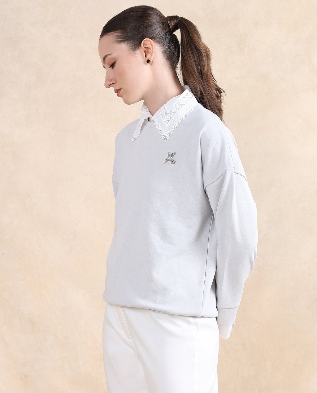 Rareism Women's Amour Light Grey Cotton Blend Drop Collar Dyed Relaxed Fit Sweatshirt