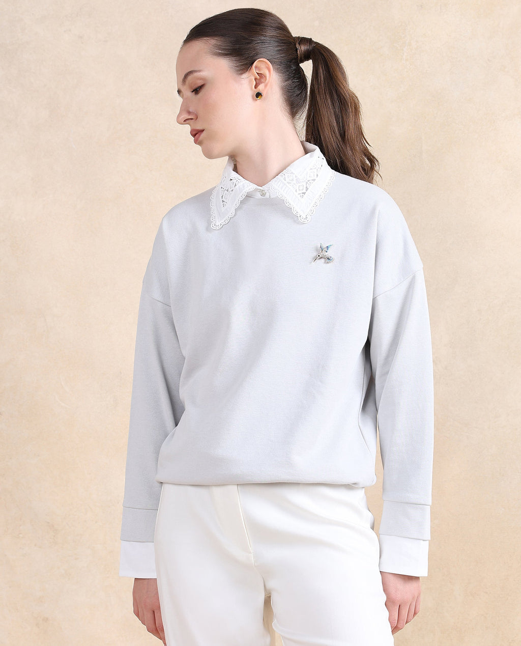 Rareism Women's Amour Light Grey Cotton Blend Drop Collar Dyed Relaxed Fit Sweatshirt