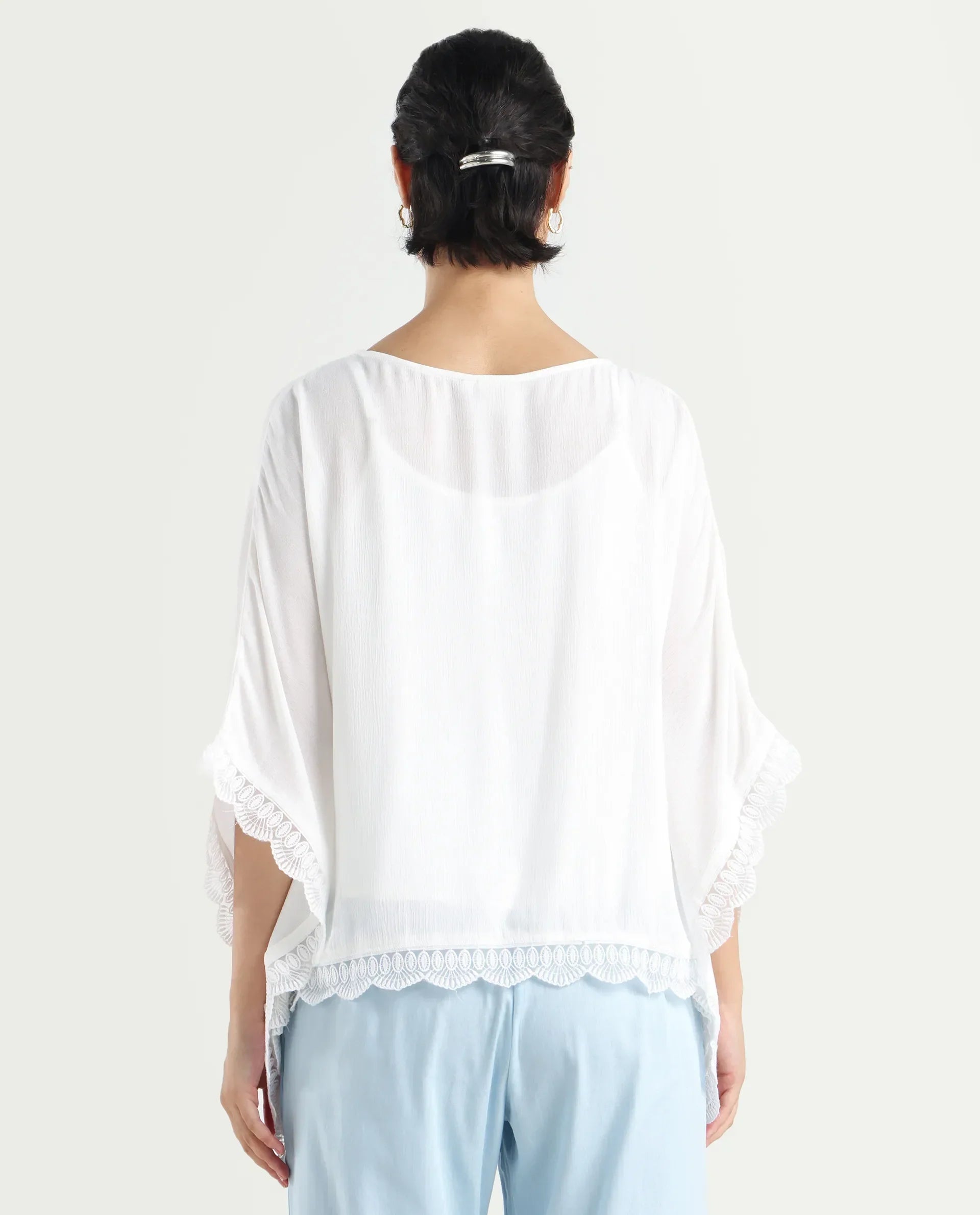 Rareism Women's Ancona White Rayon Boat Neck Plain Kimono Sleeve Relaxed Fit Top
