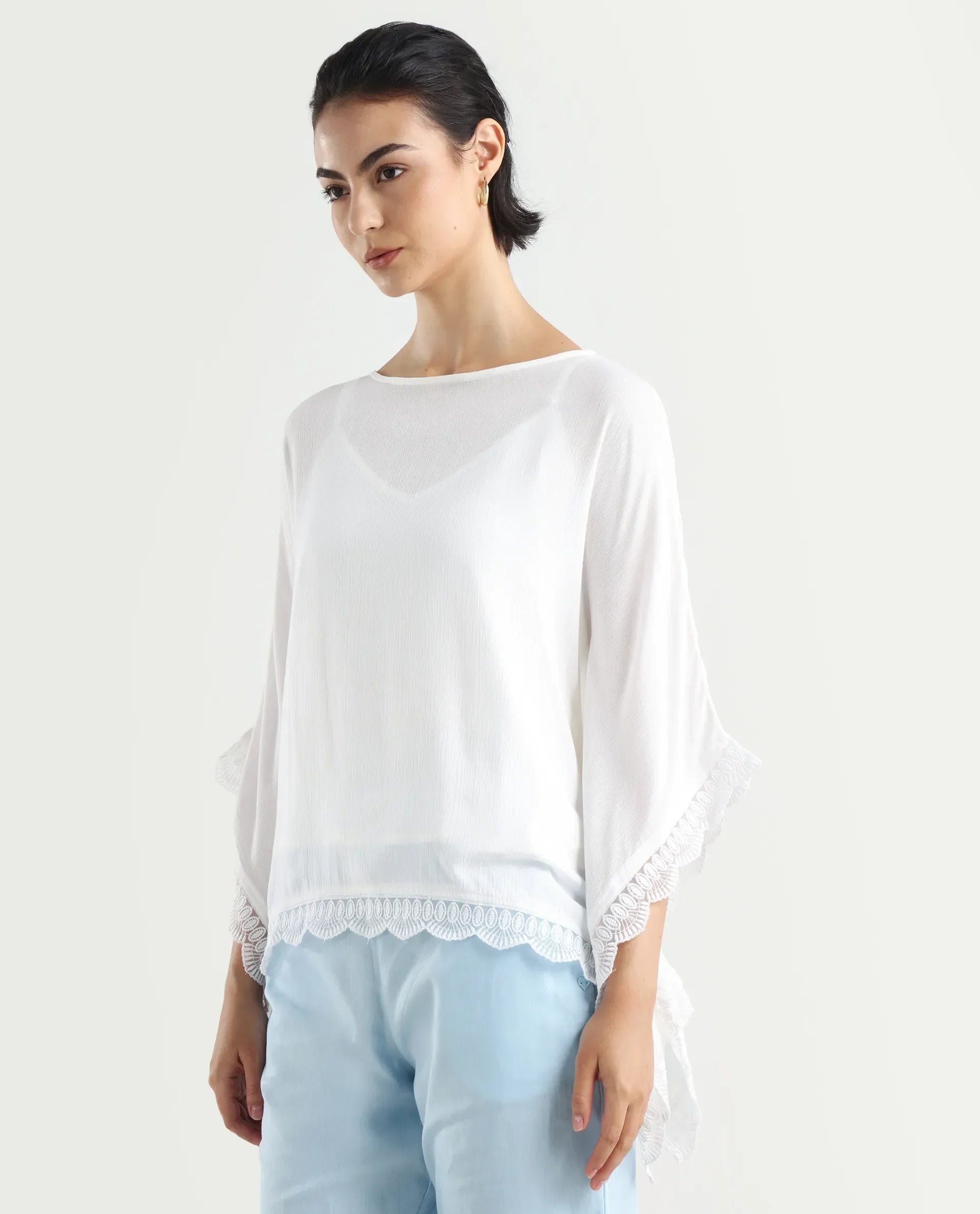 Rareism Women's Ancona White Rayon Boat Neck Plain Kimono Sleeve Relaxed Fit Top
