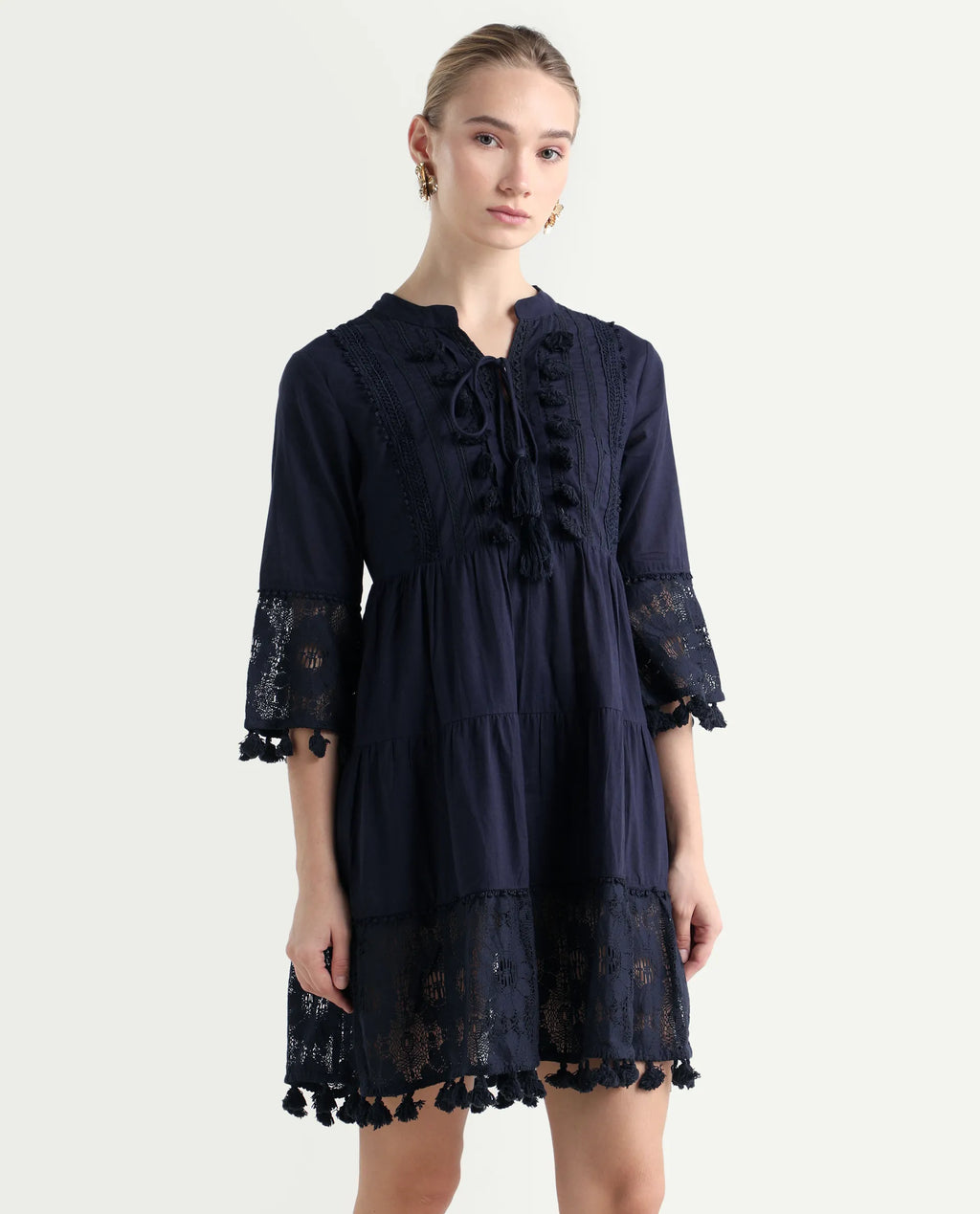 Rareism Women's Andarin Navy Cotton Tie-Up Neck Plain Bell Sleeve Knee Length Regular Fit Dress