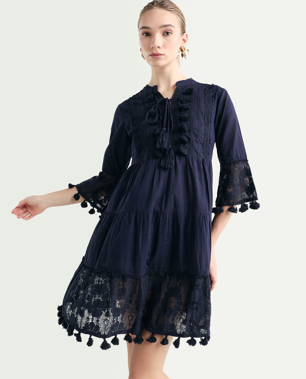 Rareism Women's Andarin Navy Cotton Tie-Up Neck Plain Bell Sleeve Knee Length Regular Fit Dress