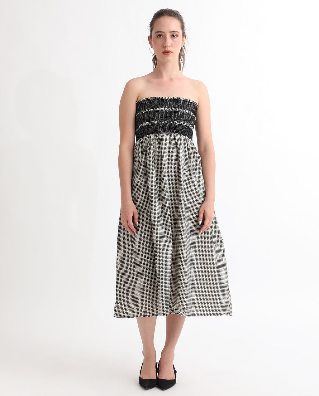 Rareism Women's Anderson Beige Cotton Tube Neck Geometric Print Sleeveless Midi Relaxed Fit Dress