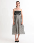 Rareism Women's Anderson Beige Cotton Tube Neck Geometric Print Sleeveless Midi Relaxed Fit Dress
