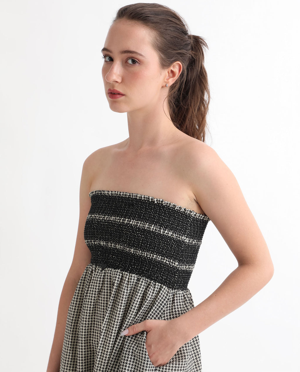 Rareism Women's Anderson Beige Cotton Tube Neck Geometric Print Sleeveless Midi Relaxed Fit Dress