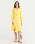 Rareism Women's Andma Yellow Cotton Mandarin Collar Dyed Cuffed Sleeve Midi Fit And Flare Dress
