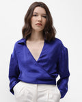 Rareism Women's Andreala Dark Blue Polyester Johnny Collar Plain Regular Fit Top