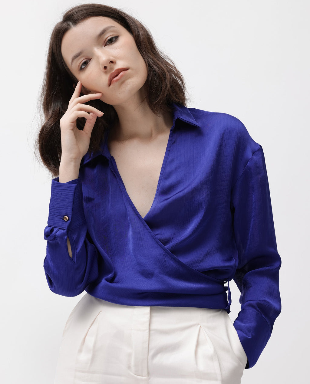 Rareism Women's Andreala Dark Blue Polyester Johnny Collar Plain Regular Fit Top