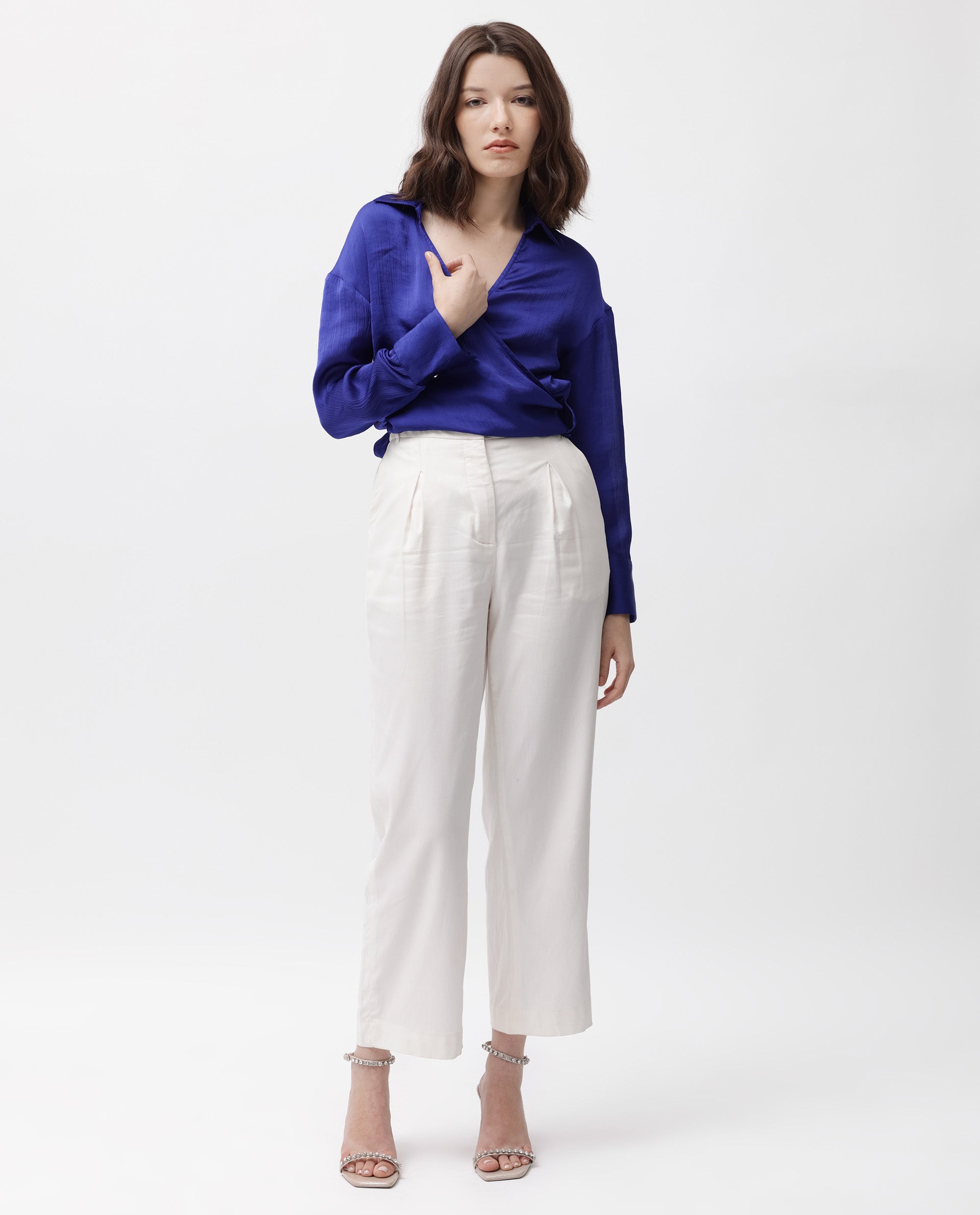 Rareism Women's Andreala Dark Blue Polyester Johnny Collar Plain Regular Fit Top