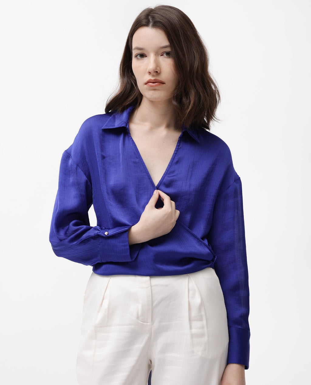 Rareism Women's Andreala Dark Blue Polyester Johnny Collar Plain Regular Fit Top