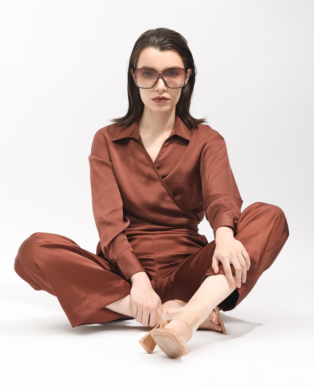 Rareism Women's Andreala Dark Brown Polyester Johnny Collar Plain Regular Fit Top