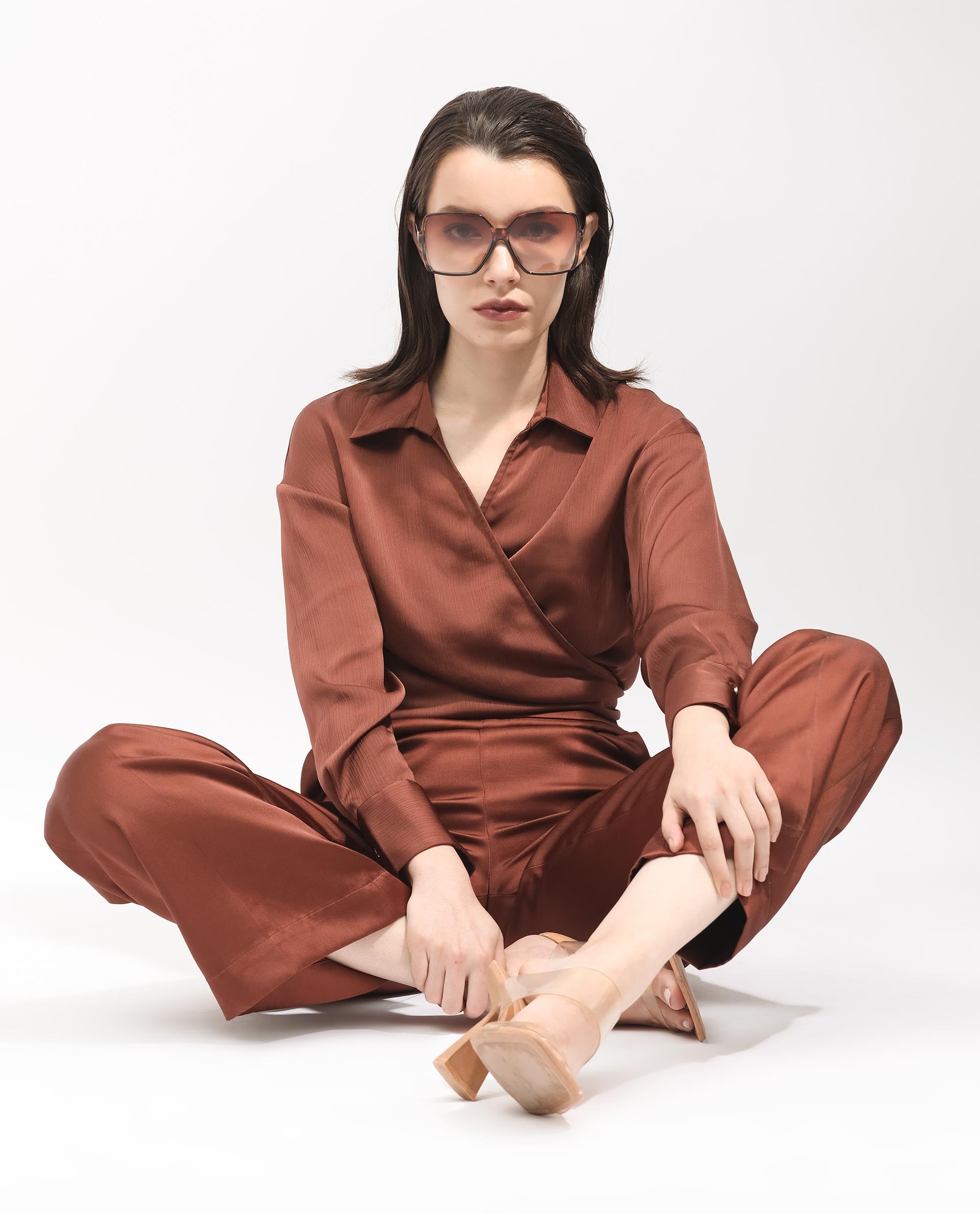 Rareism Women's Andreala Dark Brown Polyester Johnny Collar Plain Regular Fit Top