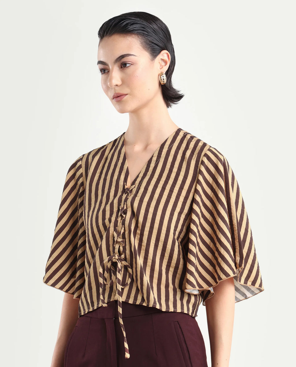 Rareism Women's Andria Brown Nylon Blend V-Neck Striped Bell Sleeve Crop Regular Fit Top