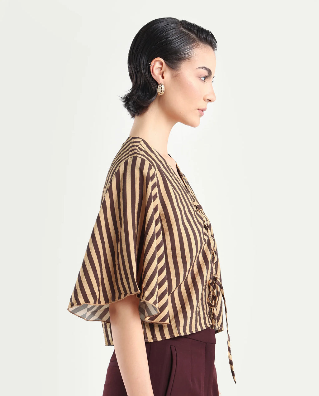 Rareism Women's Andria Brown Nylon Blend V-Neck Striped Bell Sleeve Crop Regular Fit Top