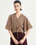 Rareism Women's Andria Brown Nylon Blend V-Neck Striped Bell Sleeve Crop Regular Fit Top