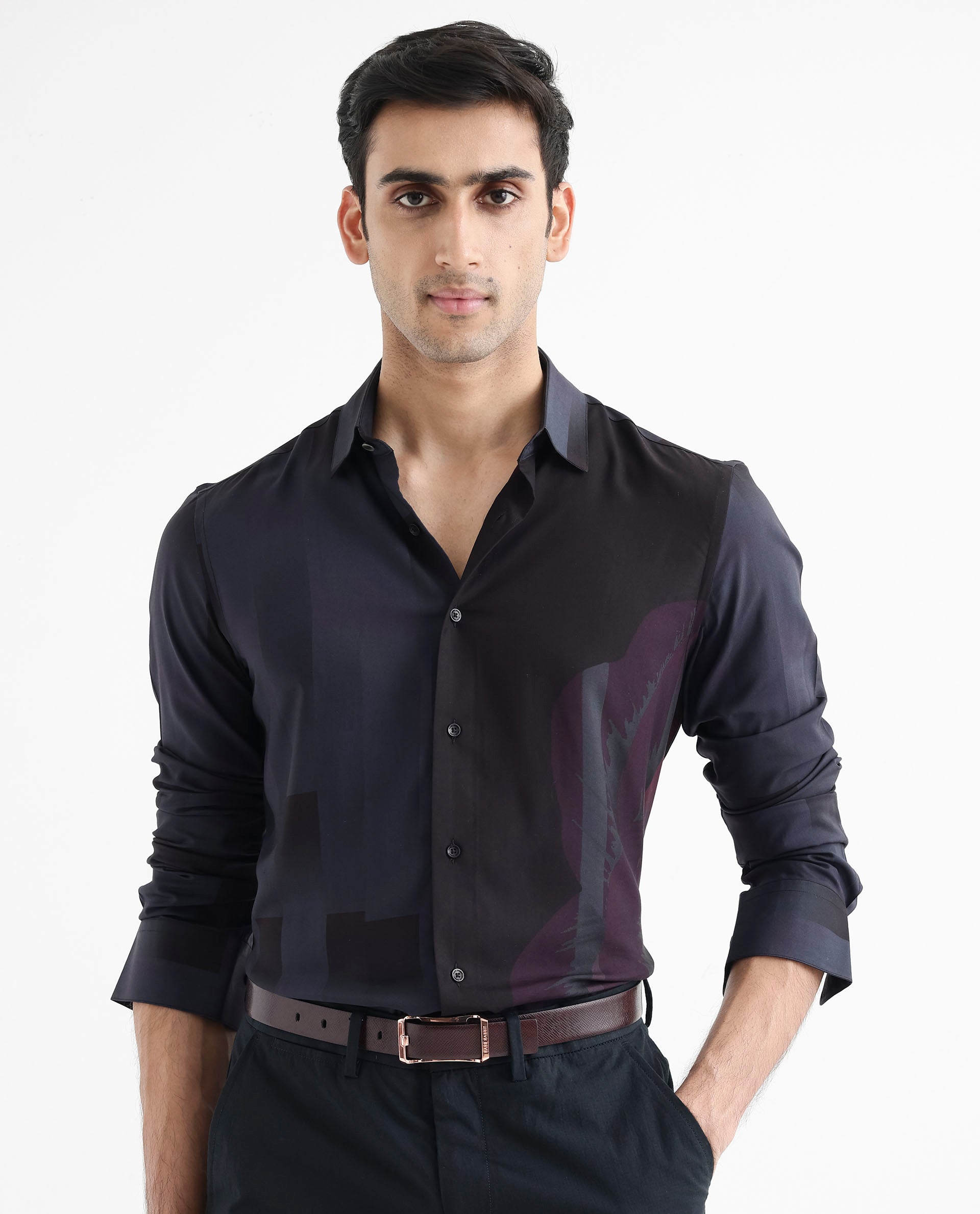 Rare Rabbit Men's Andron Dark Viscose Abstract Print Regular Fit Full Sleeve Collared Shirt