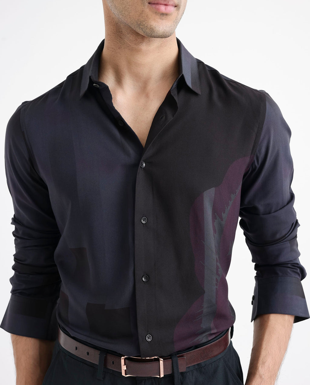 Rare Rabbit Men's Andron Dark Viscose Abstract Print Regular Fit Full Sleeve Collared Shirt