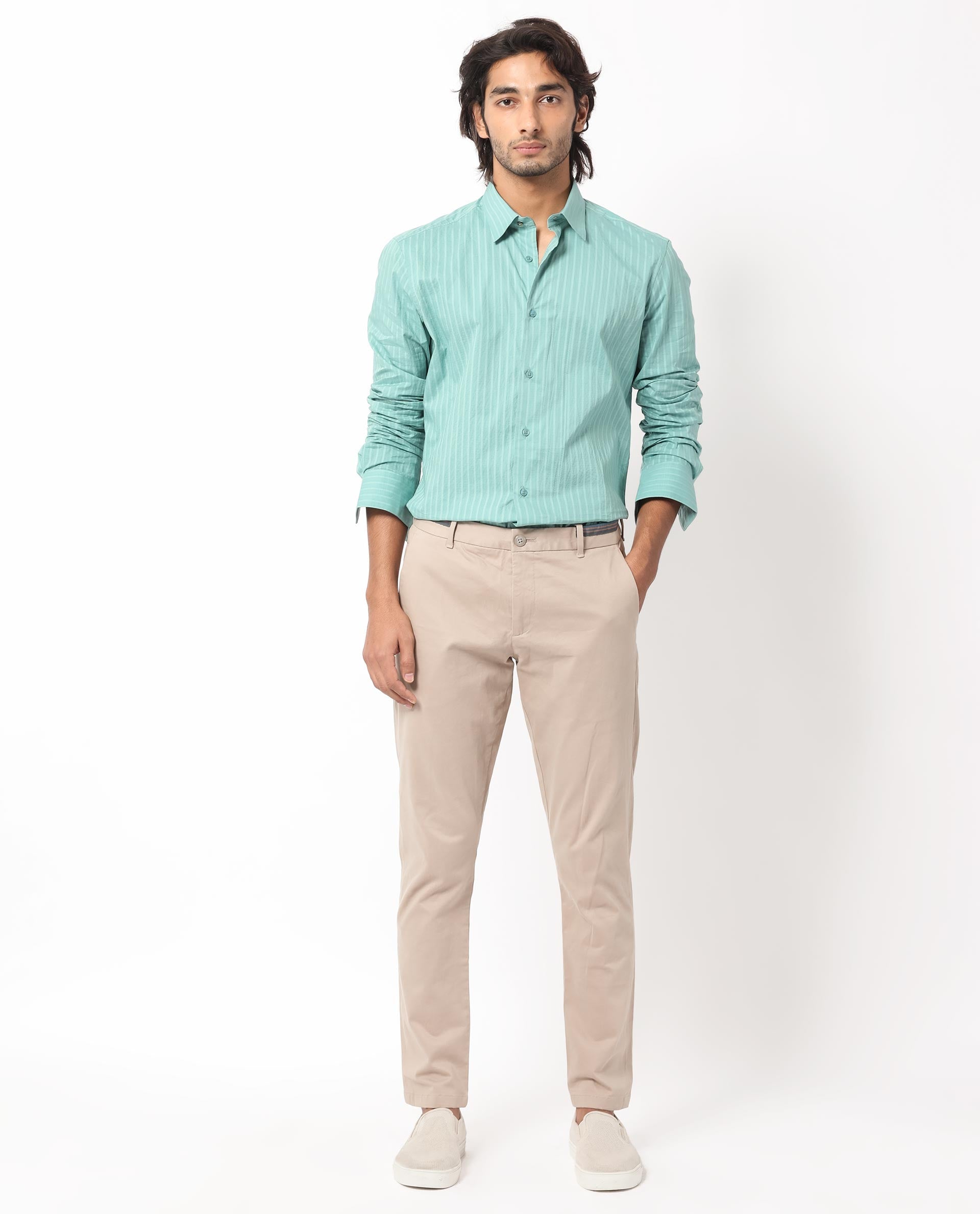 Rare Rabbit Men's Anemo Dusky Turq Cotton Striped Print Regular Fit Full Sleeve Collared Shirt
