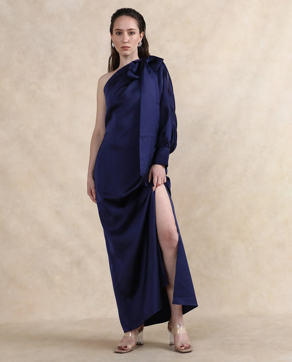 Rareism Women's Ankara Navy Satin One Shoulder Dyed One Shoulder Maxi Straight Fit Dress
