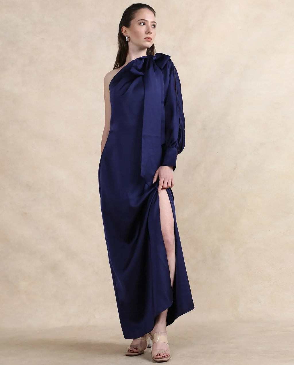 Rareism Women's Ankara Navy Satin One Shoulder Dyed One Shoulder Maxi Straight Fit Dress