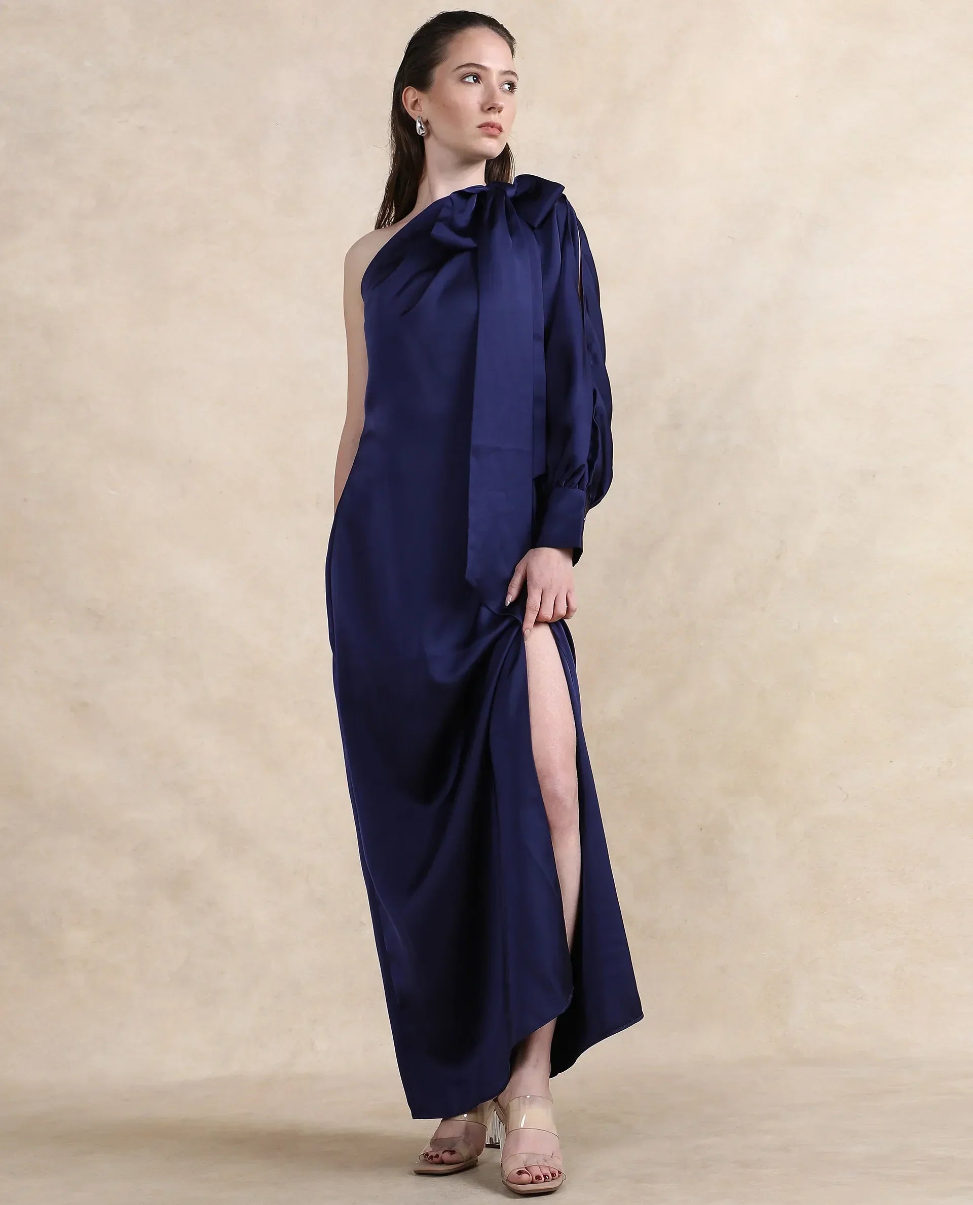 Rareism Women's Ankara Navy Satin One Shoulder Dyed One Shoulder Maxi Straight Fit Dress