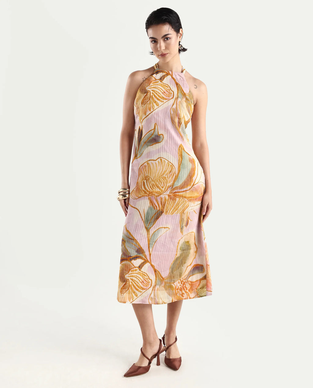 Rareism Women's Anoy Pastel Purple Polyester Sleeveless Halter Neck A-Line Dress