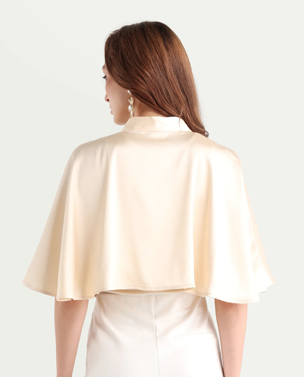 Rareism Women's Antali Beige Satin High Neck Plain Cape Sleeve Crop Boxy Fit Jacket