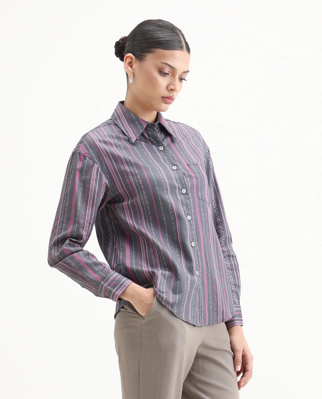 Rareism Women's Aodh Grey Cotton Blend Collared Striped Cuffed Sleeve Boxy Fit Top