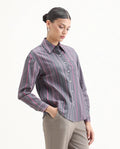 Rareism Women's Aodh Grey Cotton Blend Collared Striped Cuffed Sleeve Boxy Fit Top